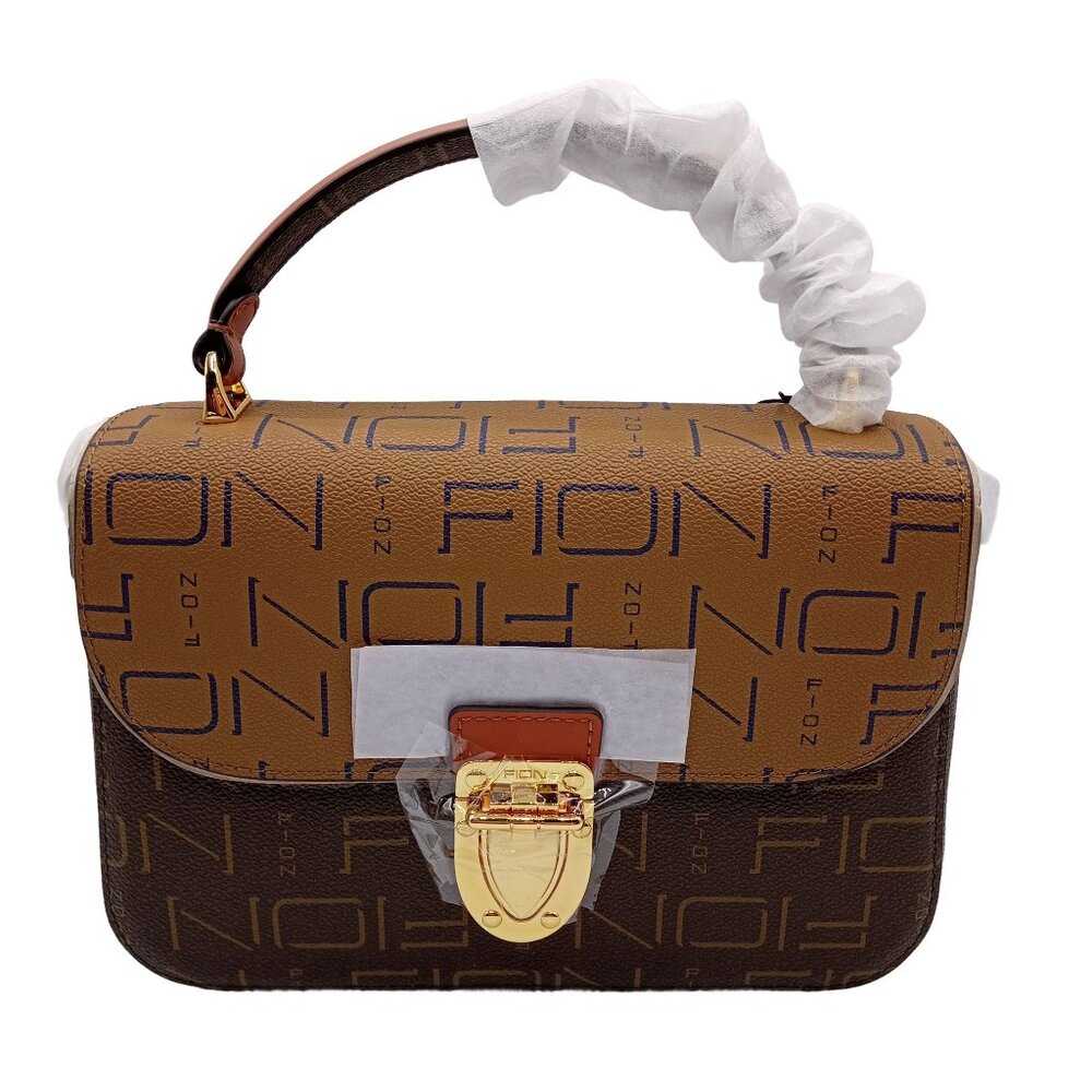 FION HK Monogram Small Leather Crossbody Mini Tote Brown & Carmel Bag NWT